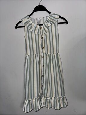 Little Lass Green and Cream Striped Ruffle Dress